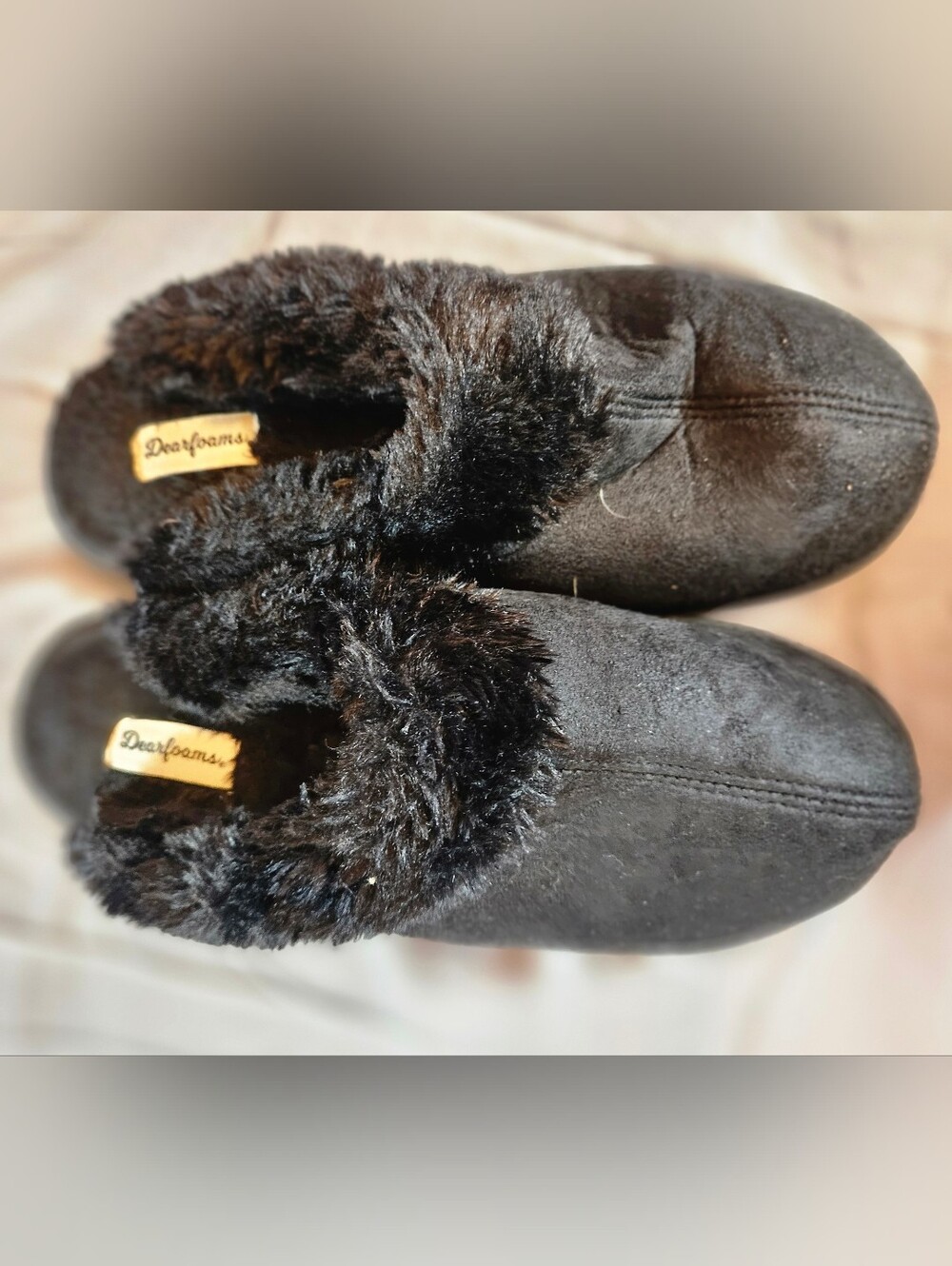 Dearfoams Womens Black Fuzzy Faux Fur Lined Slip On Slippers Size XL 11/12